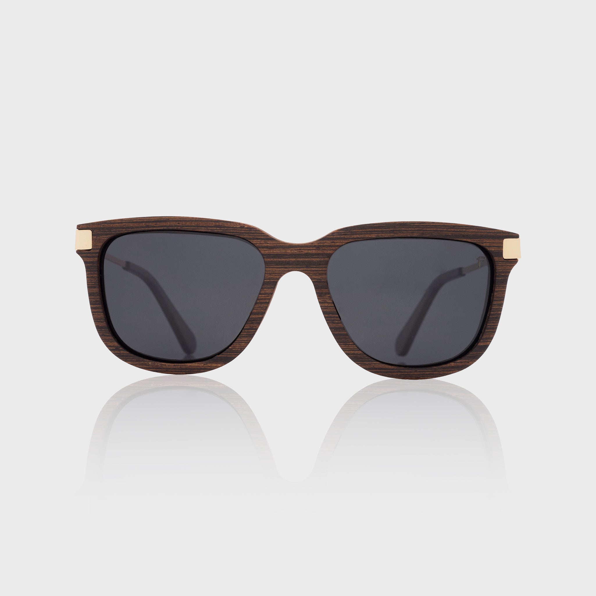 Specta Sunglasses – wengue wood frame with gold accents and sleek grey lenses.